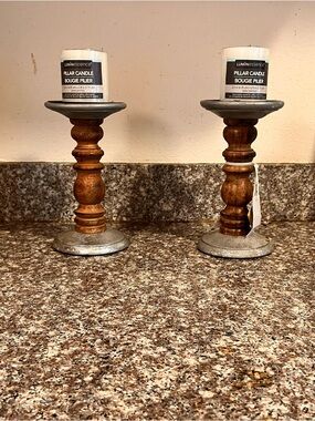 Luminess White Pillar Candles with Wood & Silver Holders